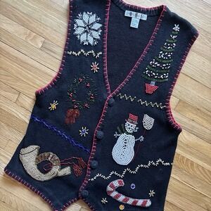 VTG OHI Christmas Sweater Vest Women's L Beaded Ugly Sweater Holiday Grandmacore
